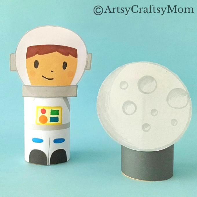 If you'd like your own little astronaut to play with, we've got a cute little toilet paper roll astronaut craft for you! Comes with a little moon to explore!