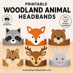 Printable Woodland Animal Headbands for kids featuring raccoon, fox, beaver, chipmunk, deer, and bunny paper crowns in color and black-and-white versions.