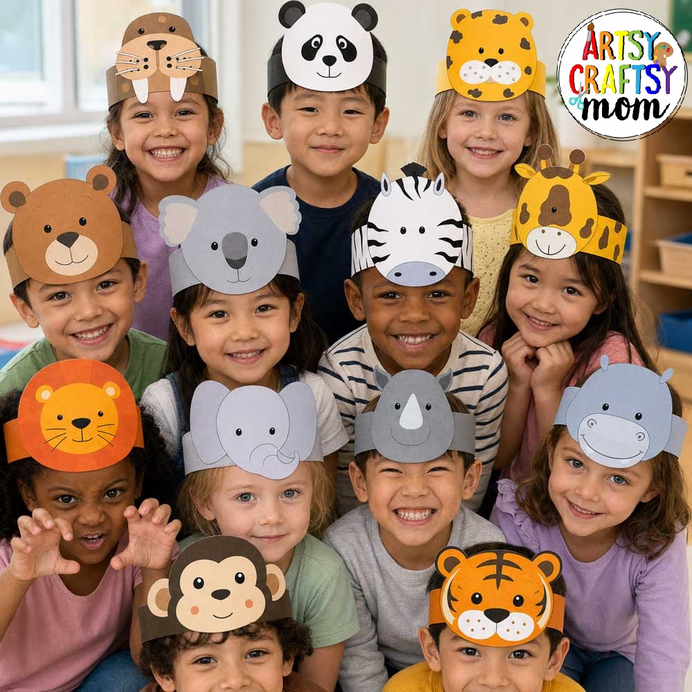 Printable Zoo Animal Headbands for Kids 2 Printable Zoo Animal Headbands for kids featuring 13 zoo themed paper crowns including lion, tiger, elephant, giraffe, zebra, panda, monkey, and more in color and black-and-white versions.