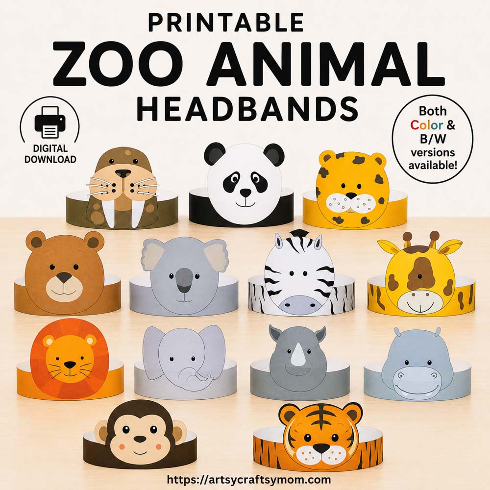Printable Zoo Animal Headbands for Kids 1 Printable Zoo Animal Headbands for kids featuring 13 zoo themed paper crowns including lion, tiger, elephant, giraffe, zebra, panda, monkey, and more in color and black-and-white versions.