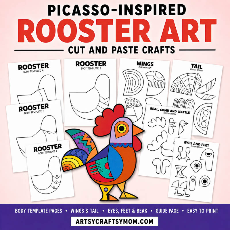 Pablo Picasso Rooster Art Activity | Cubism Cut and Paste Craft for Kids