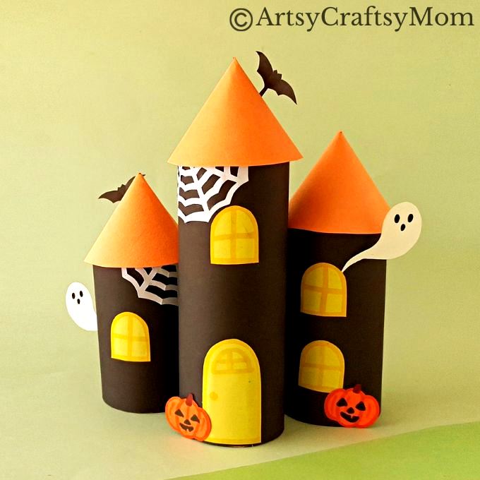 Gather all the empty cardboard tubes you can find - we're going to use them and some craft paper to make a toilet paper roll haunted house craft! 